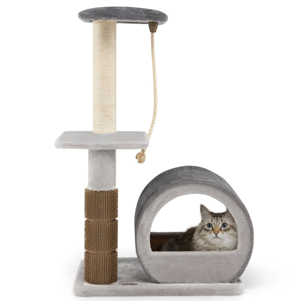 Costway 85cm Grey Sisal Rope Cat Tree Scratcher with Groom Brush Image 3