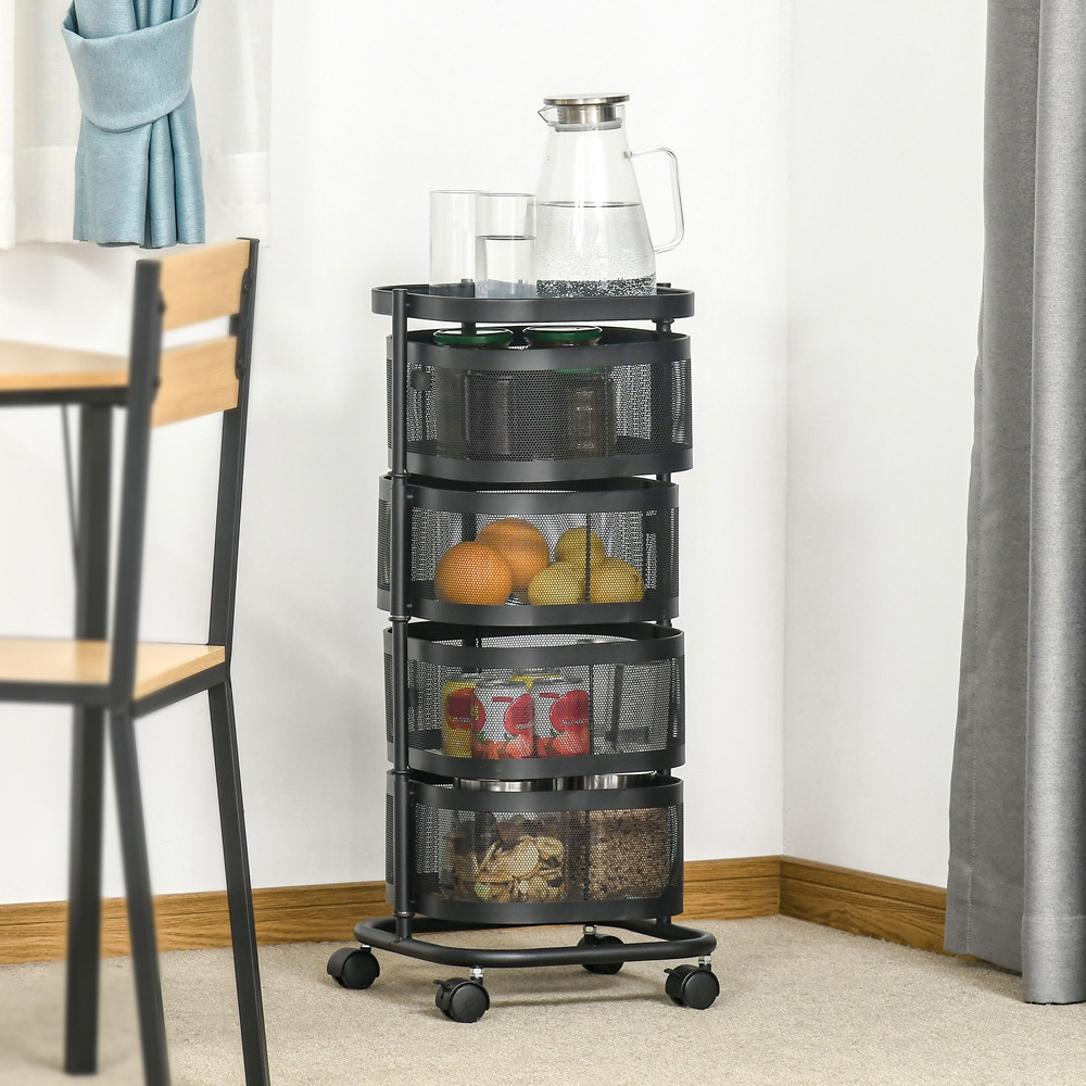 HOMCOM 4-Tier Black Metal Storage Cart with Top Tray and Mesh Baskets Image 2