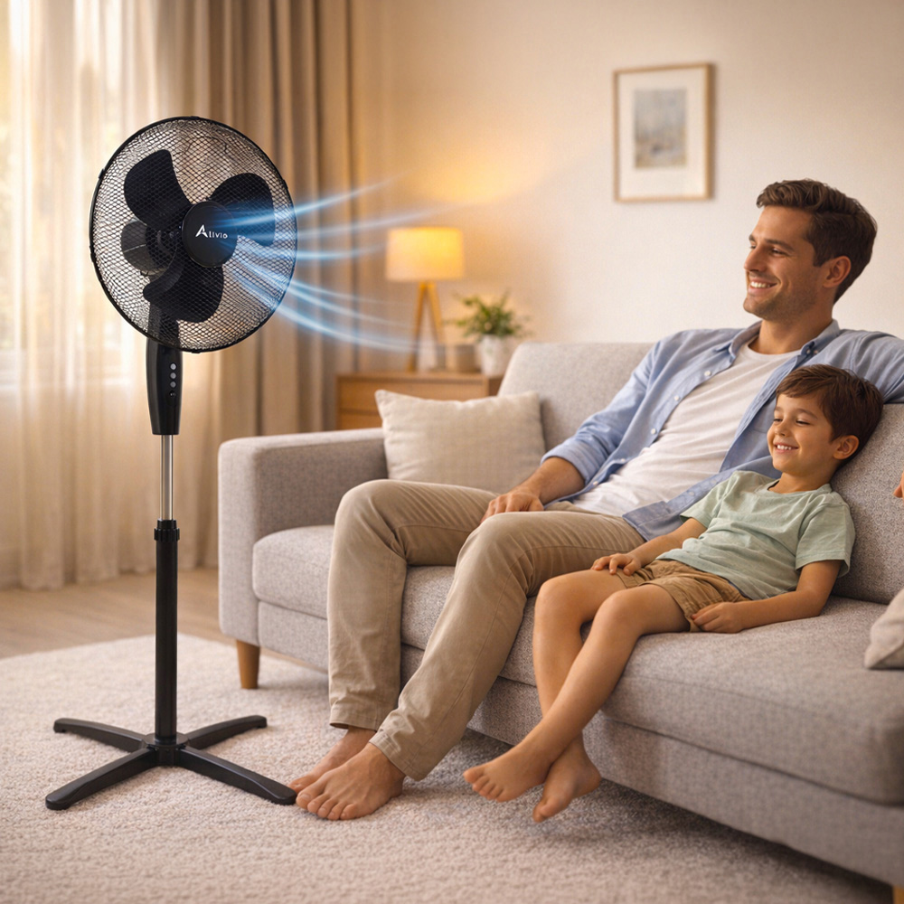 Alivio Black 3 Blade Quiet Adjustable Oscillating Pedestal Floor Fan 45W Image 2