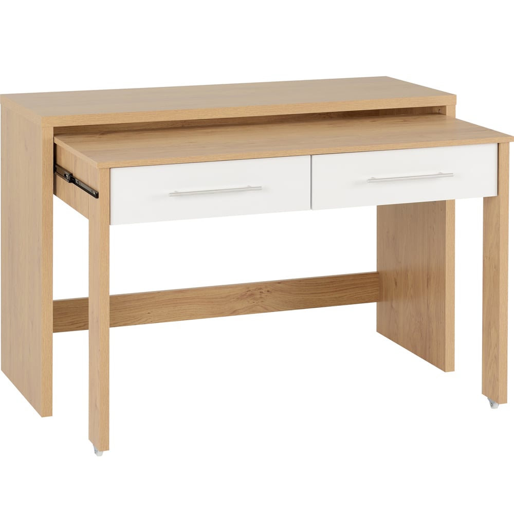 Seconique Seville White Gloss Light Oak Effect Veneer 2 Drawer Slider Desk Image 3