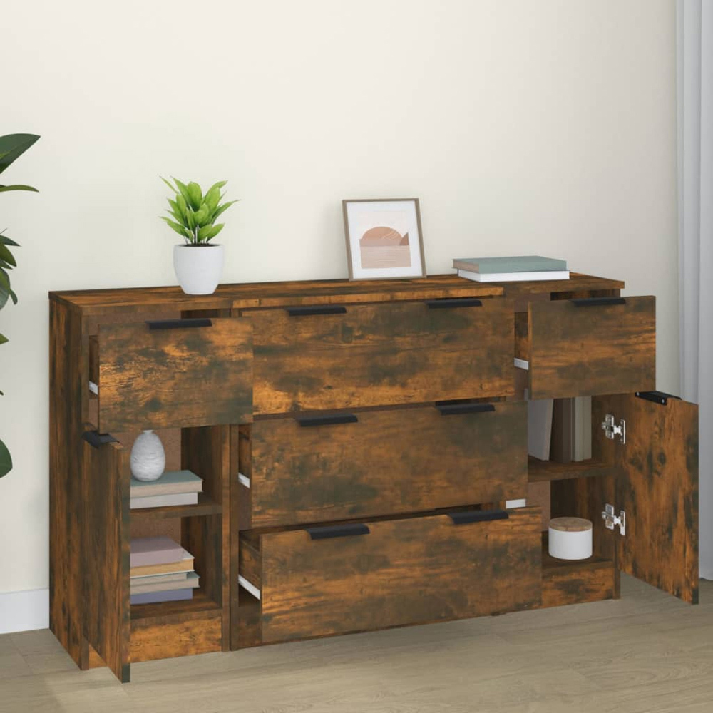 vidaXL 2 Door 5 Drawer Smoked Oak Sideboard 3 Piece Image 7