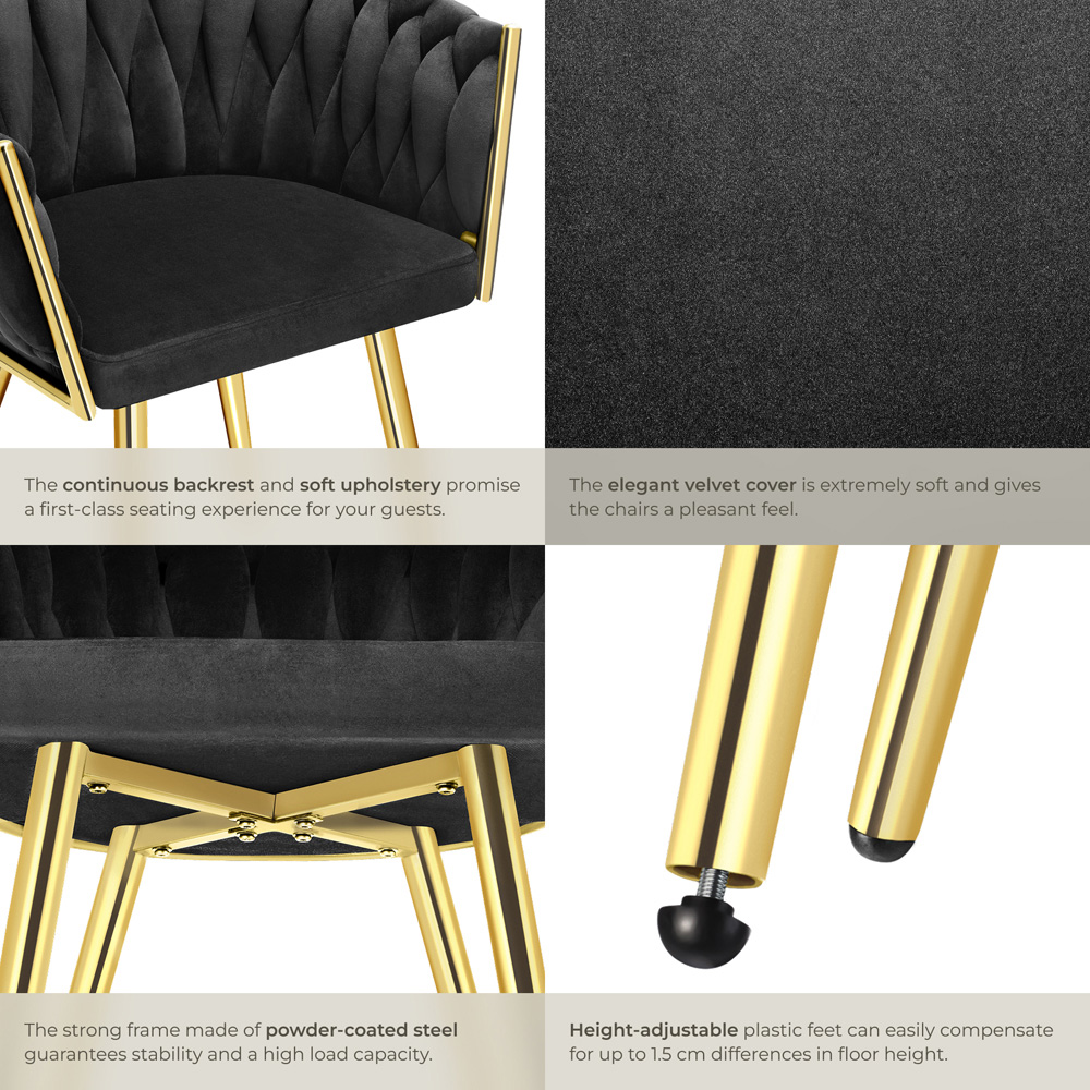 tectake Astano Set of 4 Black and Gold Velvet Padded Knot Design Dining Chair Image 6