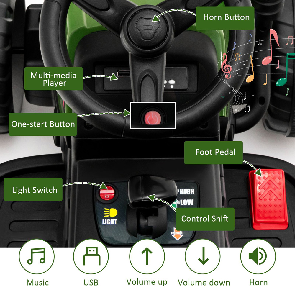 Costway Ride On Tractor with Trailer Dark Green 12V Image 5