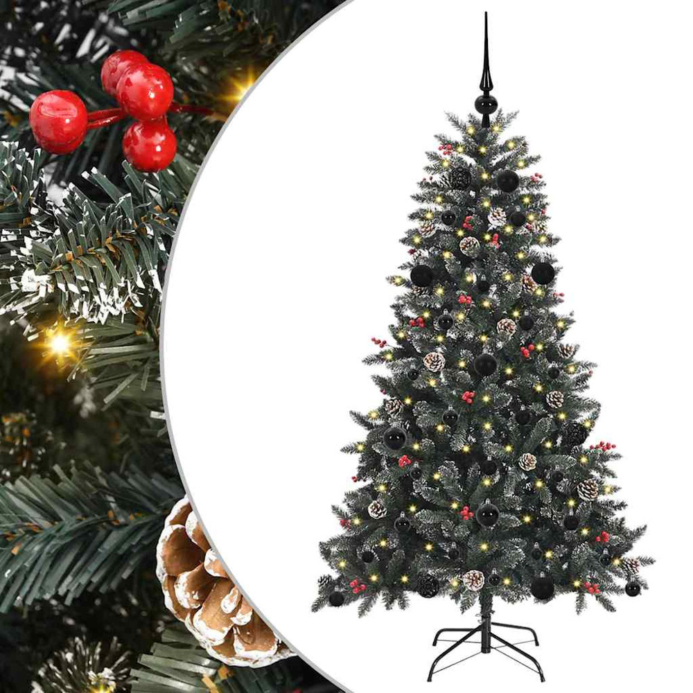 vidaXL Pre-Lit Black Bauble Pinecones Berries Green Snow Flocked Artificial Christmas Tree 5ft Image 6