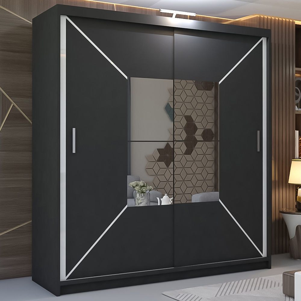 M N Furniture Nicle 2 Door Black Mirrored Sliding Wardrobe 180cm Image 1