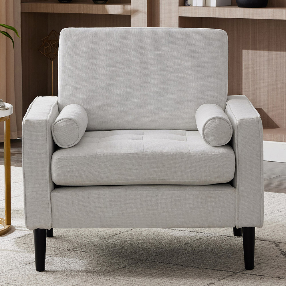 Living and Home Beige Linen Mid-Century Armchair with Armrest Pillows Image 8