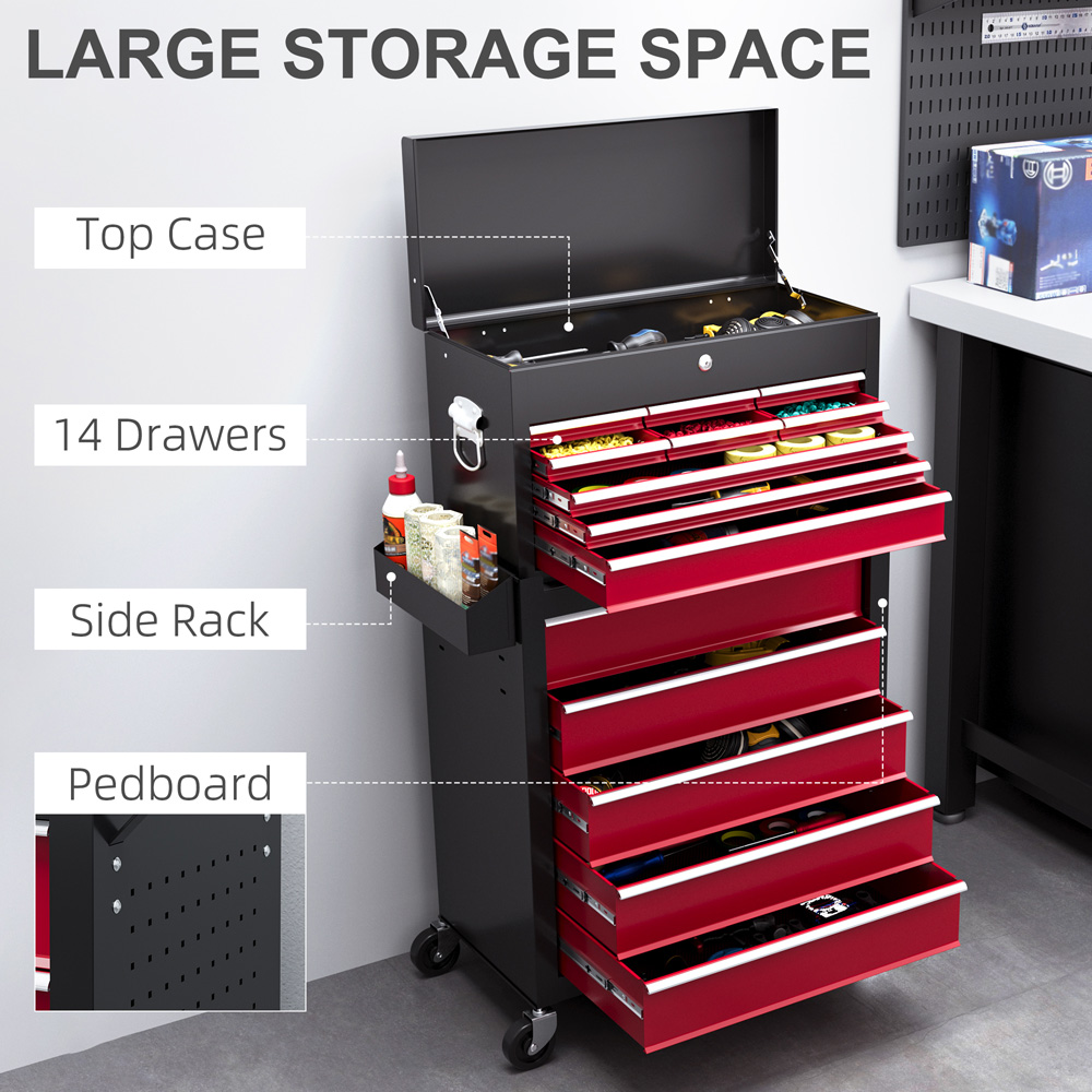 HOMCOM 14 Drawers Red Lockable Rolling Tool Chest Image 8