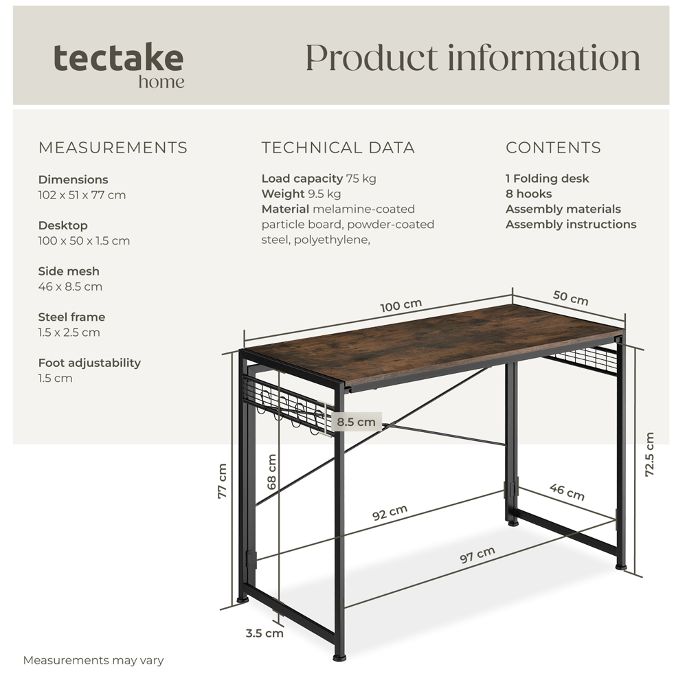tectake Dark Wood Rustic Foldable Desk with 8 Storage Hook Image 8
