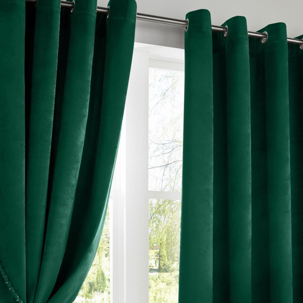 Alan Symonds Green Velvet Blackout Ring Top Eyelet Curtains 229 x 183cm Image 2
