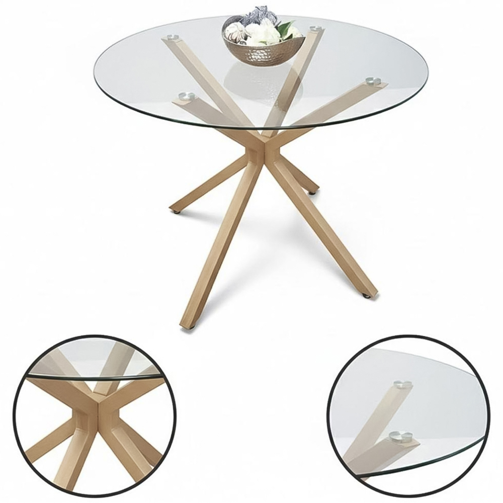 Portland 4 Seater Faux Leather Glass Tabletop Round Dining Set Black Image 2