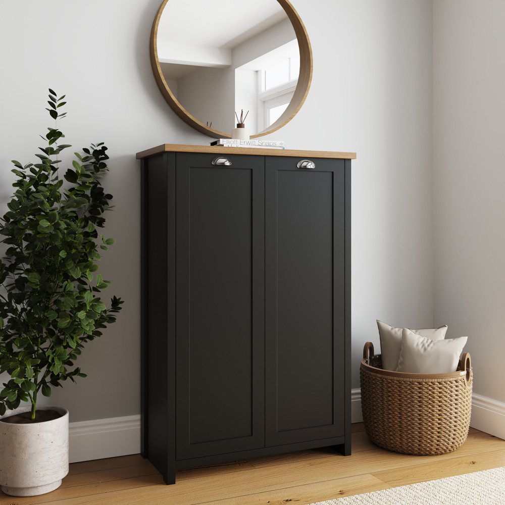GFW Lancaster 2 Door Black and Oak Tall Shoe Cabinet Image 6