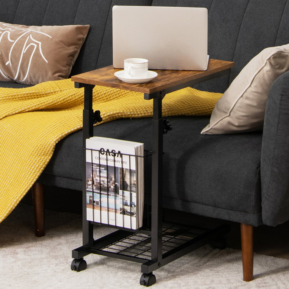 Costway Rustic Brown C Shape Adjustable End Table with Storage Basket Image 1
