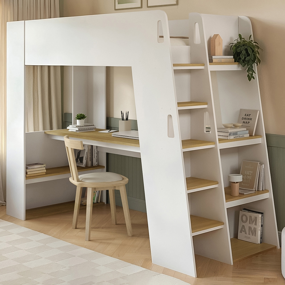 Flair Fern White and Oak High Sleeper Bed with Storage Staircase and Desk Image 1