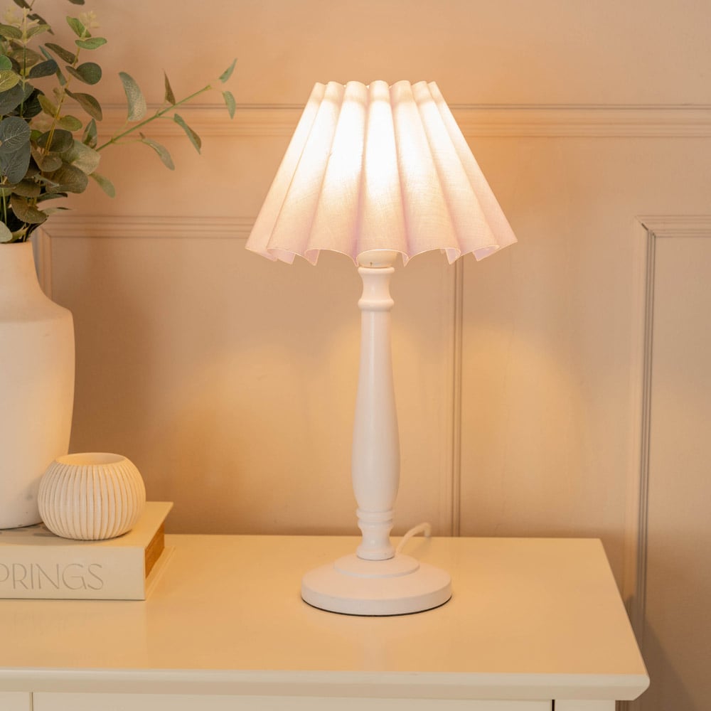 ValueLights Victoria Lilac Scallop Shade White Wood Candlestick Stem LED Table Lamp Image 2