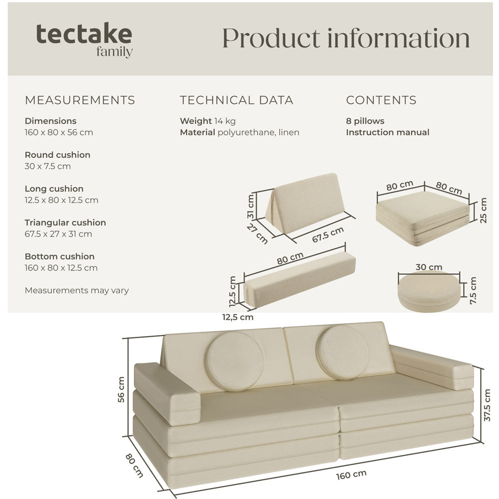tectake Lilly Beige 8 Piece Thick Padding Kids Sofa with Removable Cover Image 9