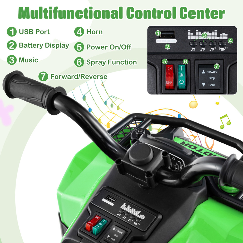 Costway Kids Green Electric Quad Bike with Spray Function and Storage Box 6V Image 7