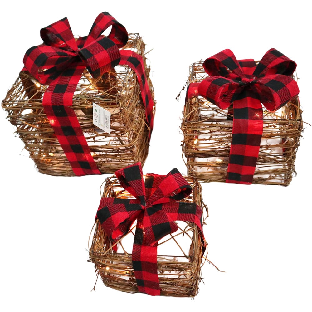 Shatchi Set of 3 Warm White LED Tartan Bow Rattan Parcels Image 1