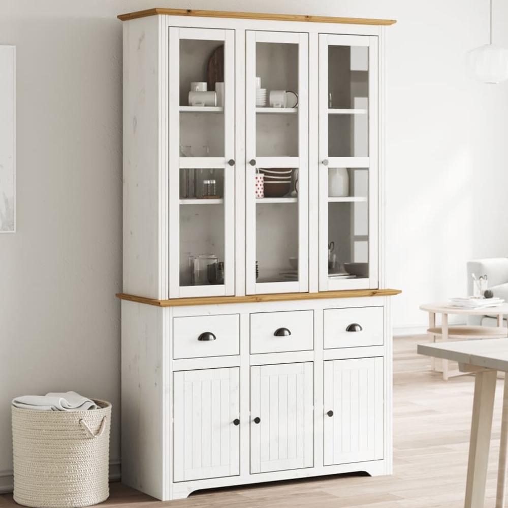 vidaXL 6 Door 3 Drawer White and Brown Solid Pine Wood Glass Highboard Image 1