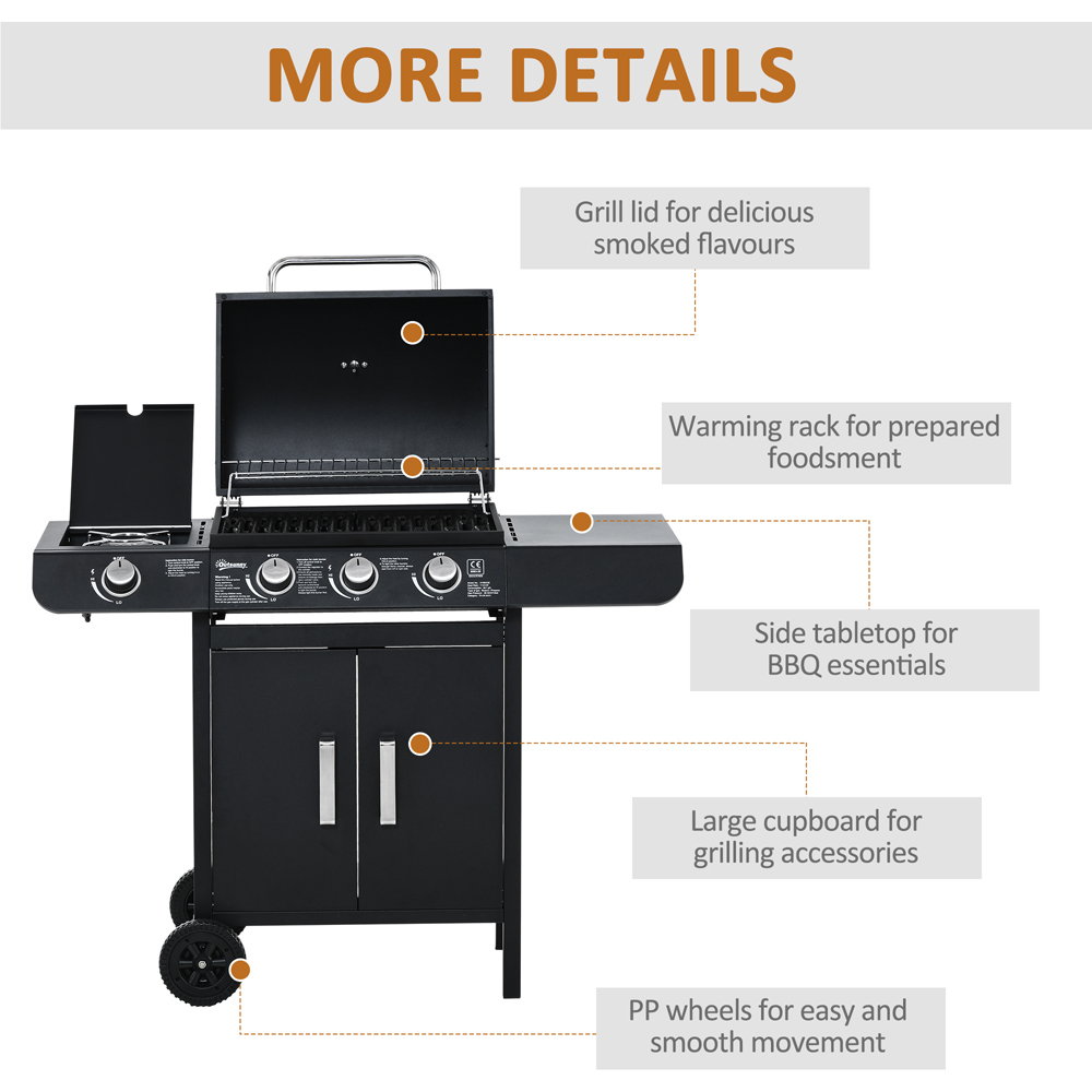 Outsunny Deluxe Black 3 Burner Gas BBQ Grill with Side Burner Image 7