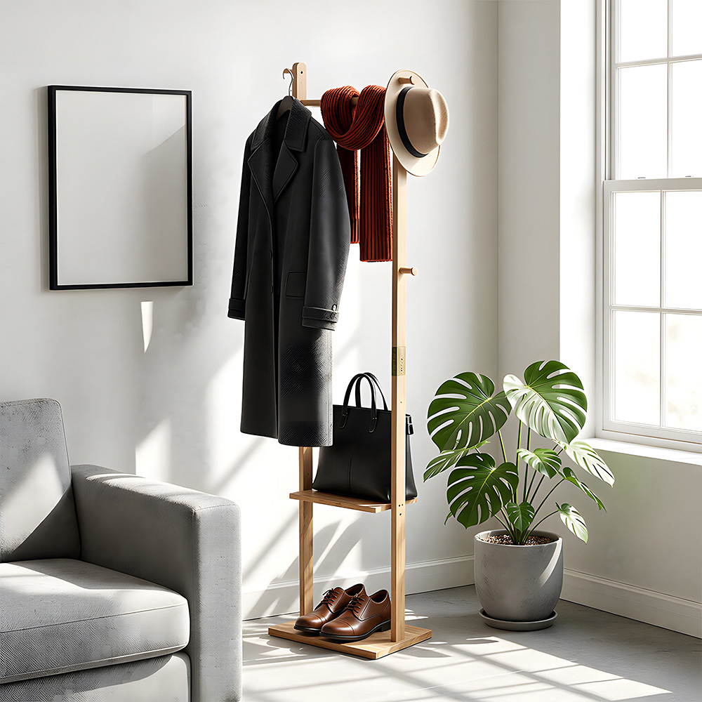 Living and Home Single Shelf Natural Freestanding Clothes Rack with 5 Hooks Image 2