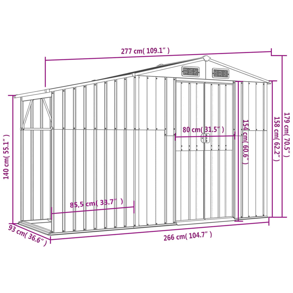 vidaXL 9 x 3ft Grey Galvanised Steel Apex Garden Shed with Firewood Stand Image 6
