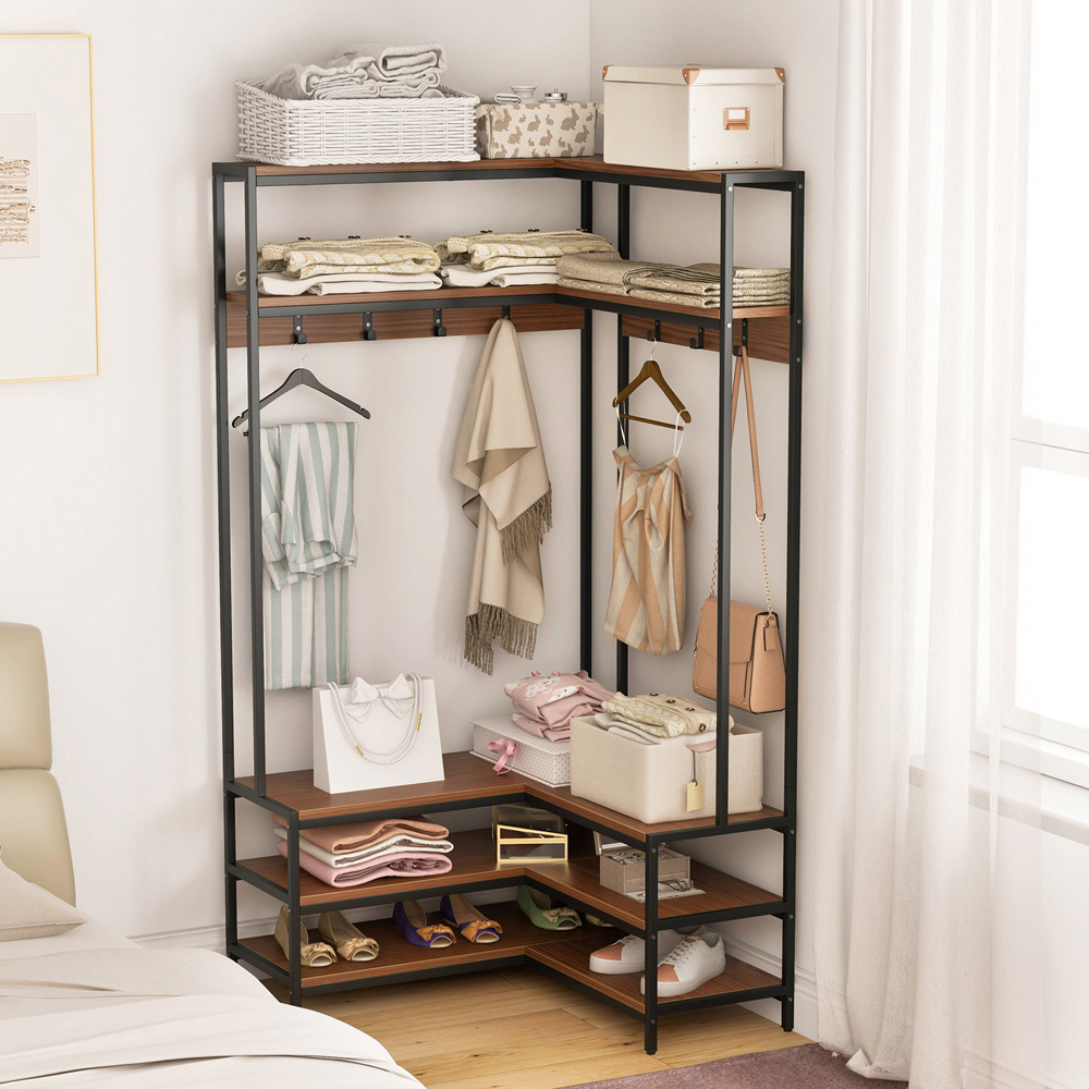 Costway 4 Shelf Walnut L-shaped Clothes Corner Garment Rack with 7 Hooks Image 3