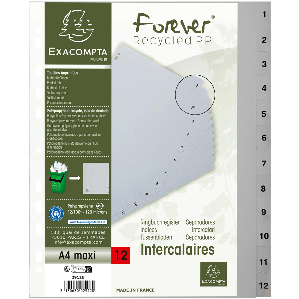 Exacompta A4 Maxi Grey Recycled Polypropylene 1-12 Divider 10 Pack Image 4