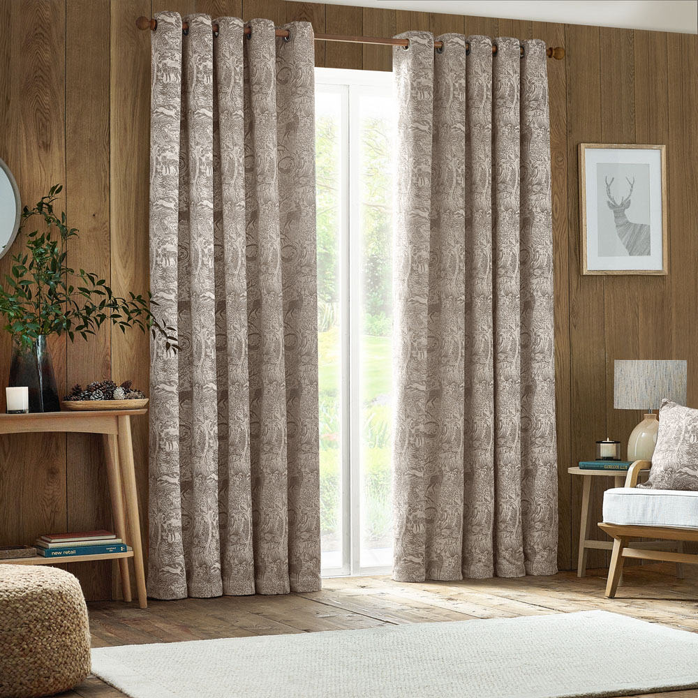 furn. Winter Woods Taupe Animal Chenille Eyelet Curtains 117 x 137cm Image 1