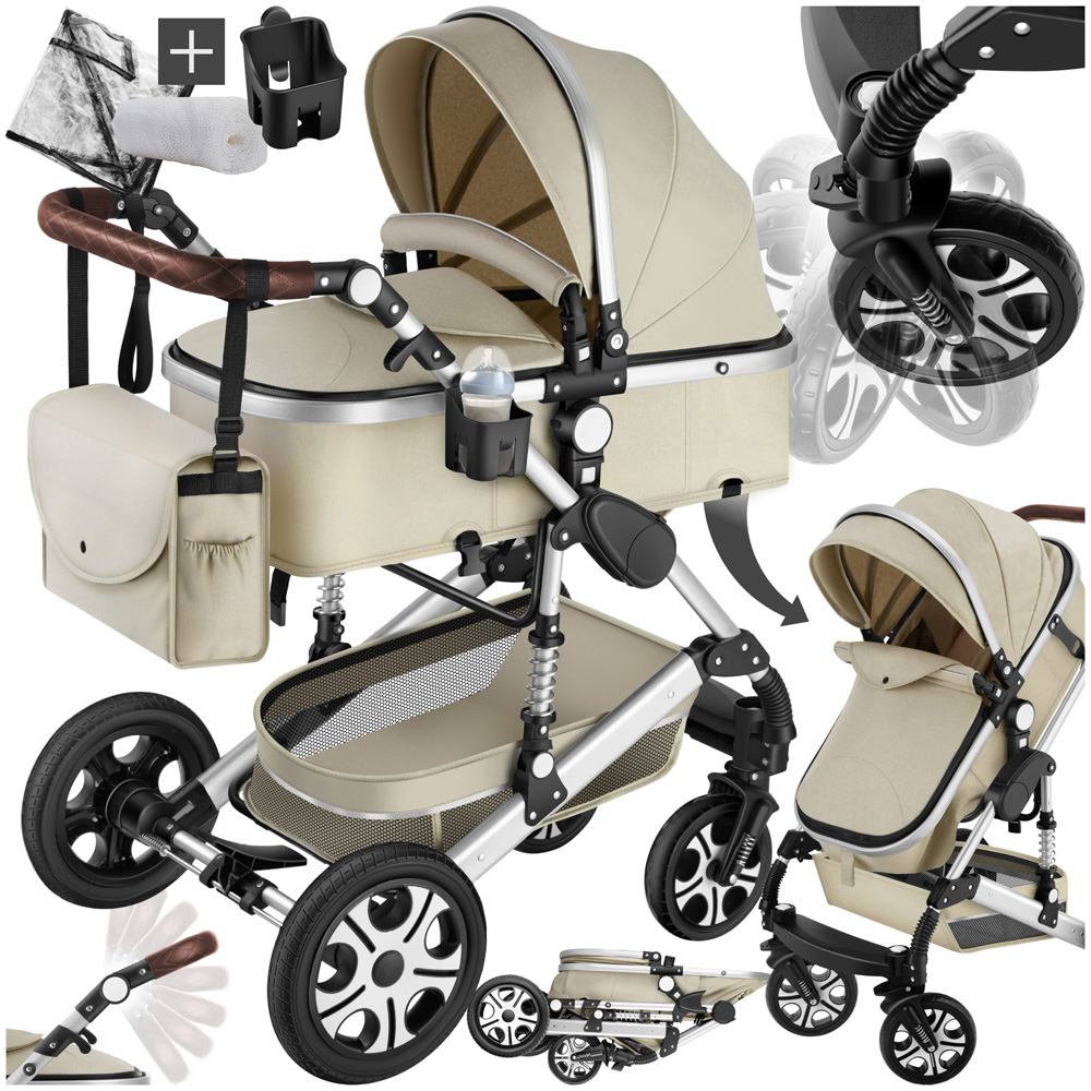 tectake Grey and Beige Foldable Pram Stroller with 5 Point Harness Safety Bar and Wrist Strap Image 2