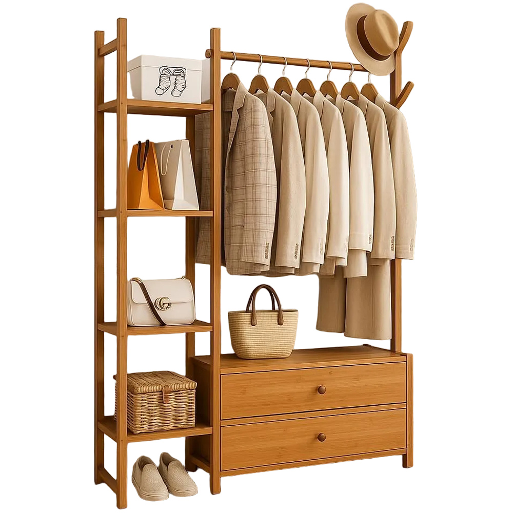 Modcraft 2 Drawer 4 Shelf Natural Large Bamboo Clothes Rail Rack Image 1