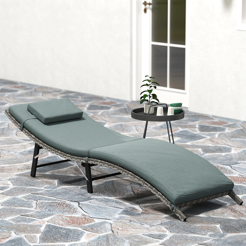 Outsunny Mixed Grey Folding Rattan Sun Lounger with Detachable Pillow Image 1