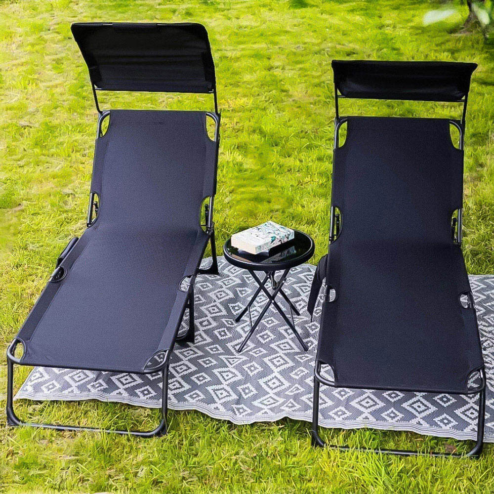 Garden Mile Set of 2 Black Foldable Recliner Sun Lounger with Sun Shade and Storage Bag Image 1