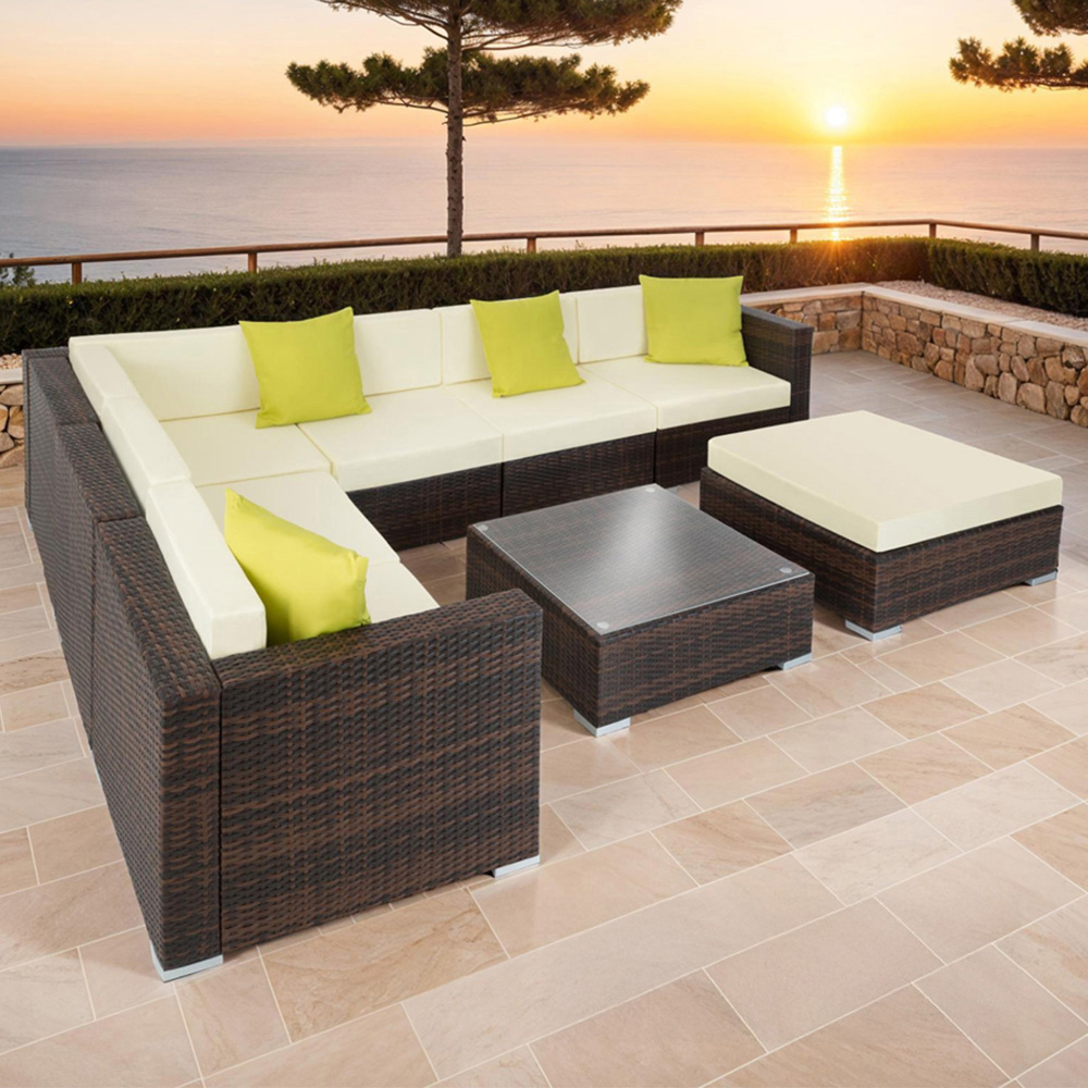 tectake Marbella 7 Seater Mixed Brown Rattan Garden Corner Lounge Set Image 1