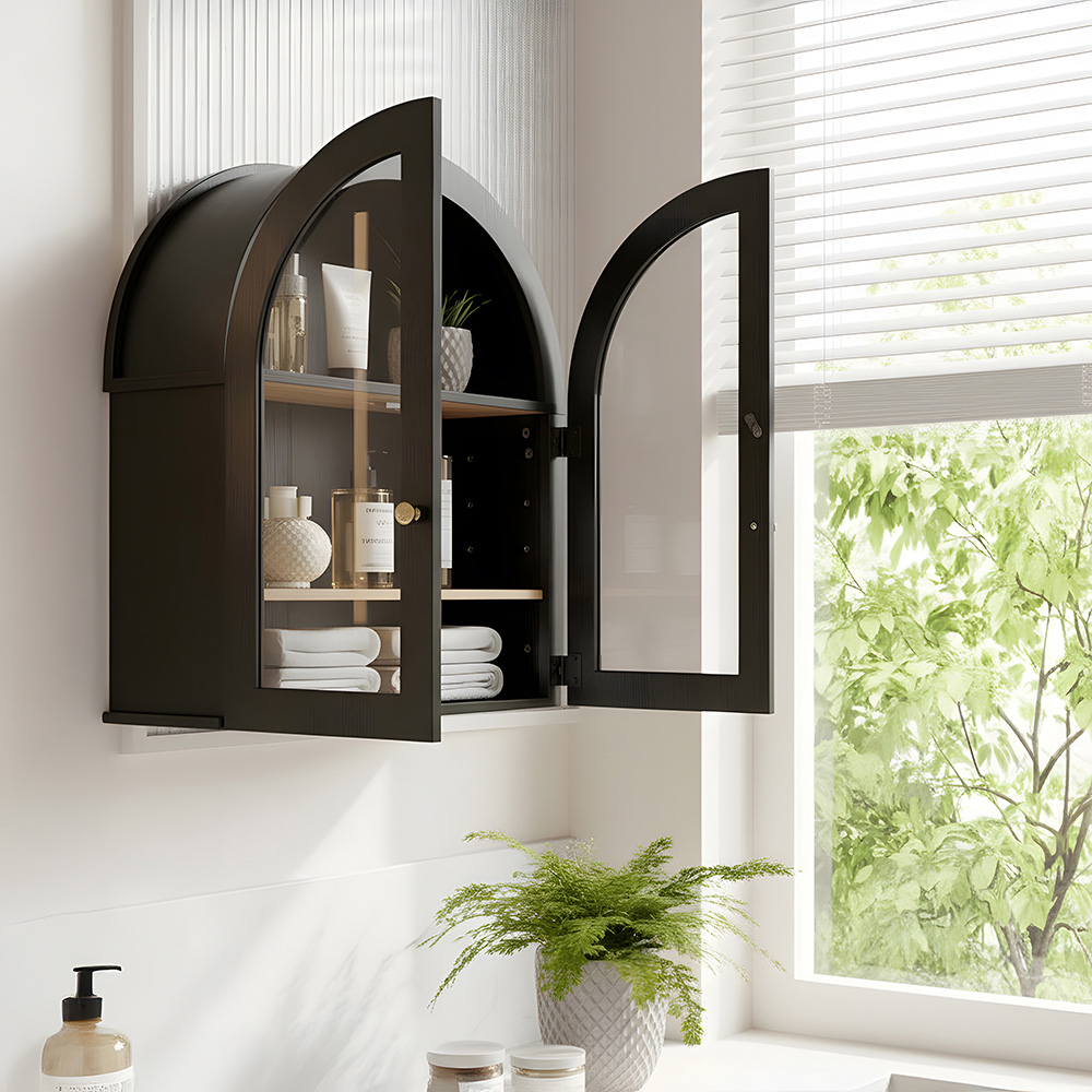 Living and Home 2 Door Black Wood-Grain Arched Wall Cabinet Image 8