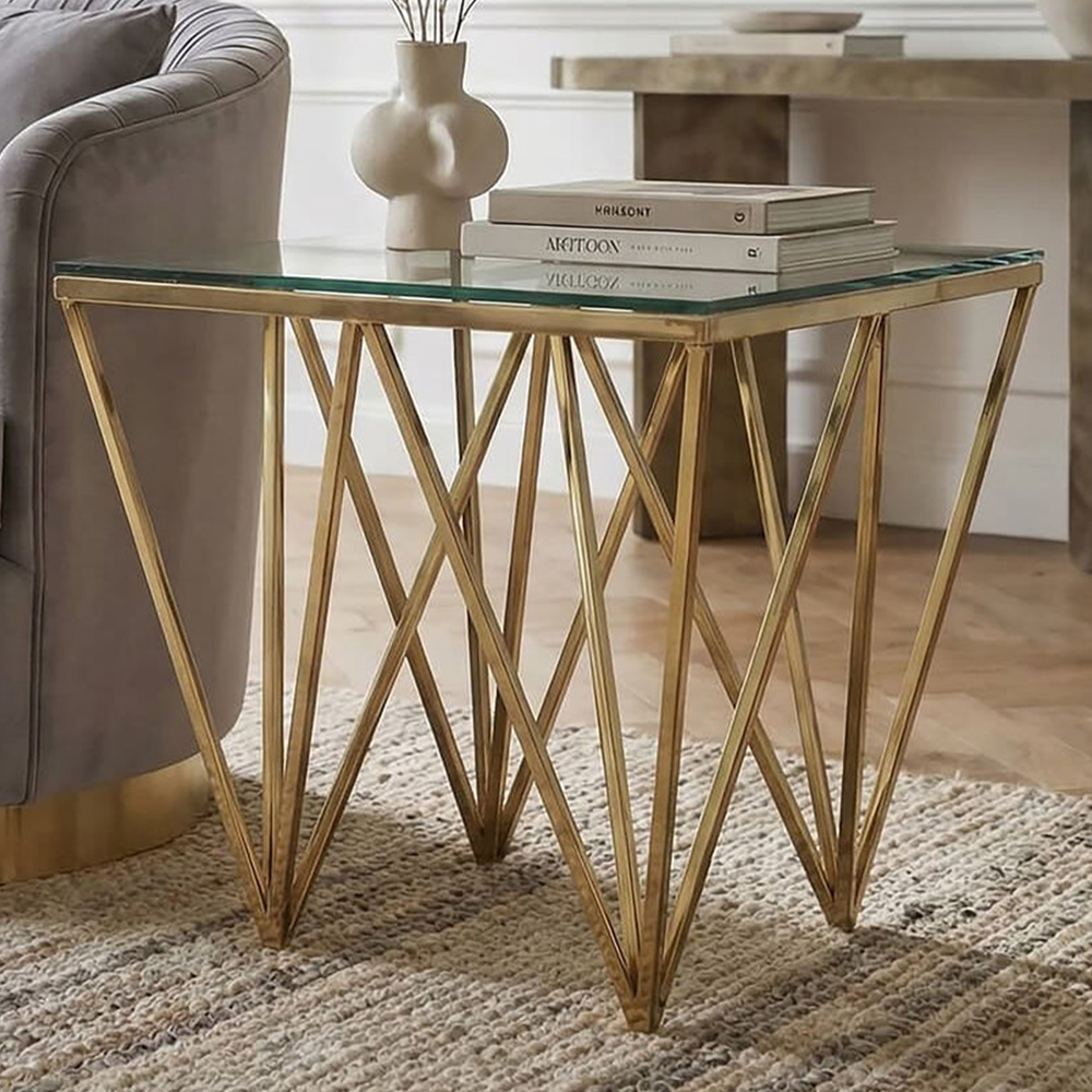 Premier Housewares Allure Gold Finish Side Table with Glass Top Image 1