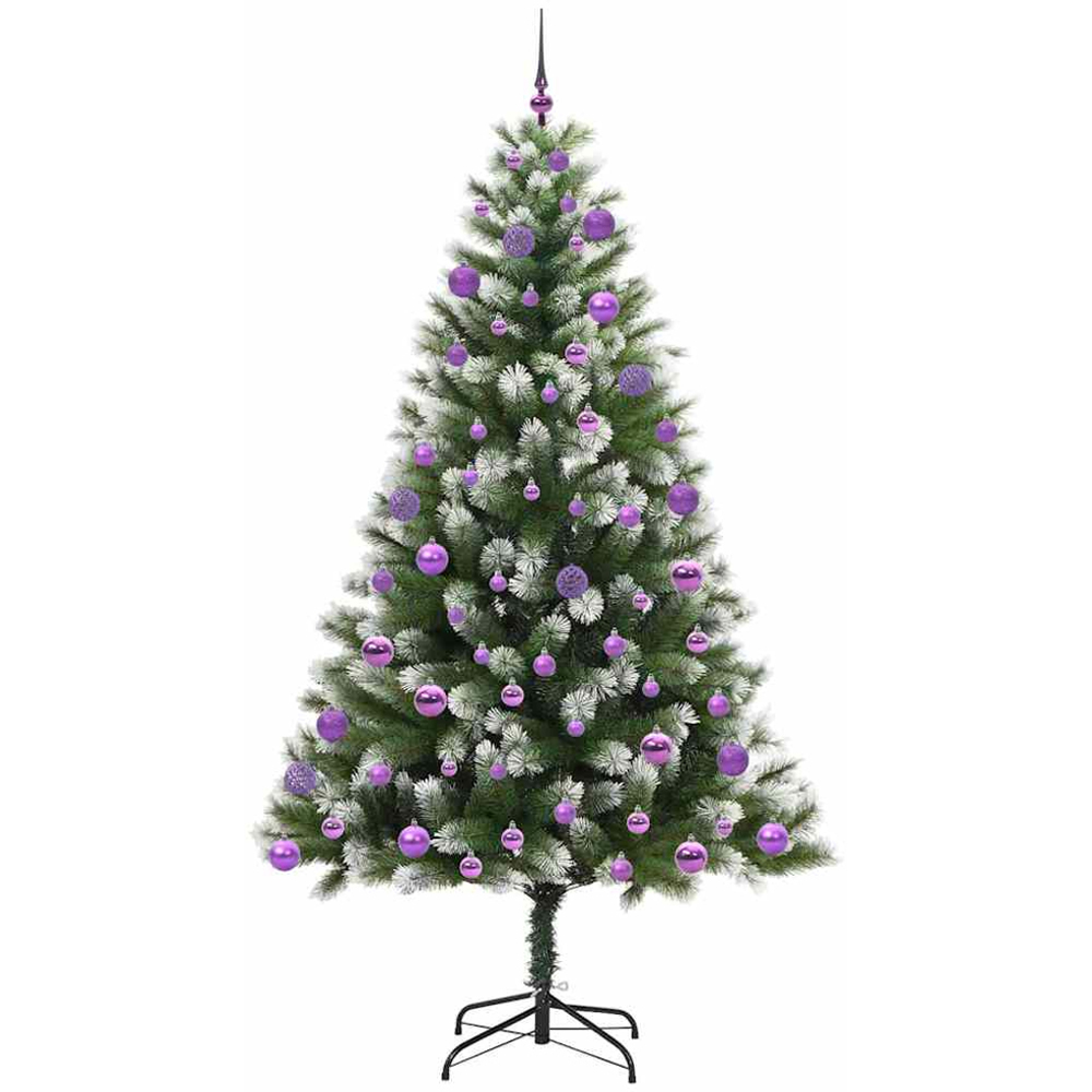 vidaXL Pre-Lit Lilac Baubles Green Artificial Snow Tipped Hinged Christmas Tree 7ft Image 4