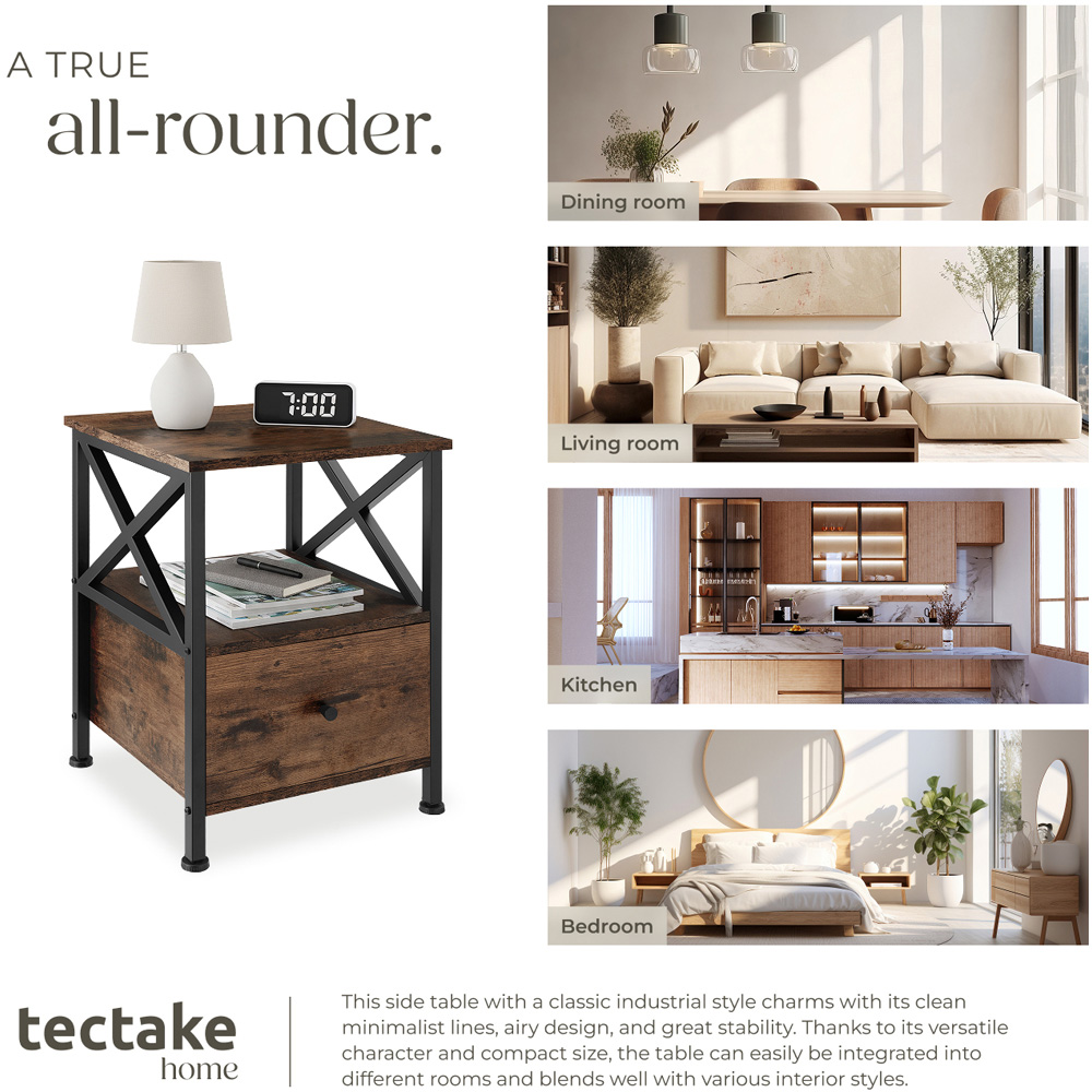 tectake Falkirk Single Drawer 2 Shelf Dark Industrial Wood Rustic Bedside Table Image 6