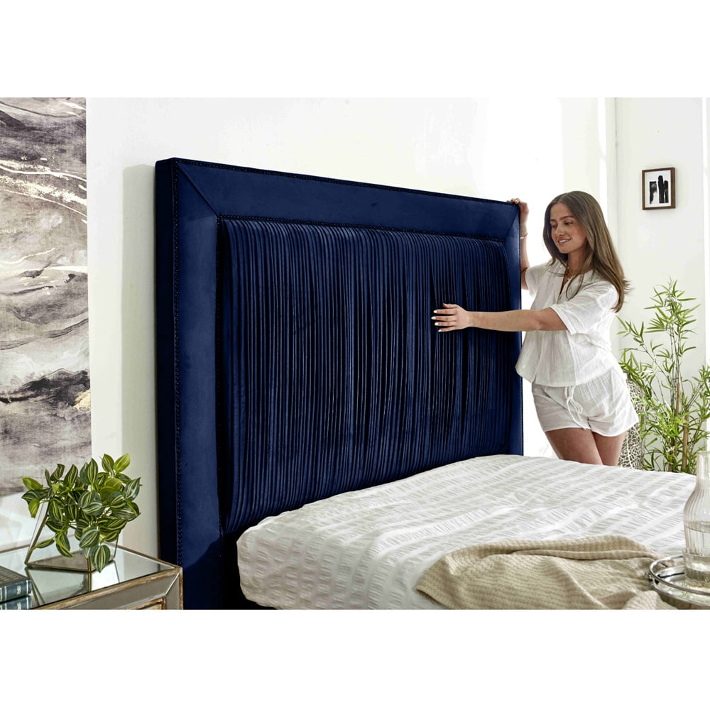 Eleganza Alexandra Super King Size Blue Plush Velvet Bed Frame with Pleated Headboard Image 2