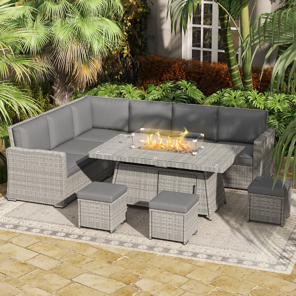 Outsunny 7 Piece Rattan Garden Furniture Set with Gas Fire Pit Table Image 1
