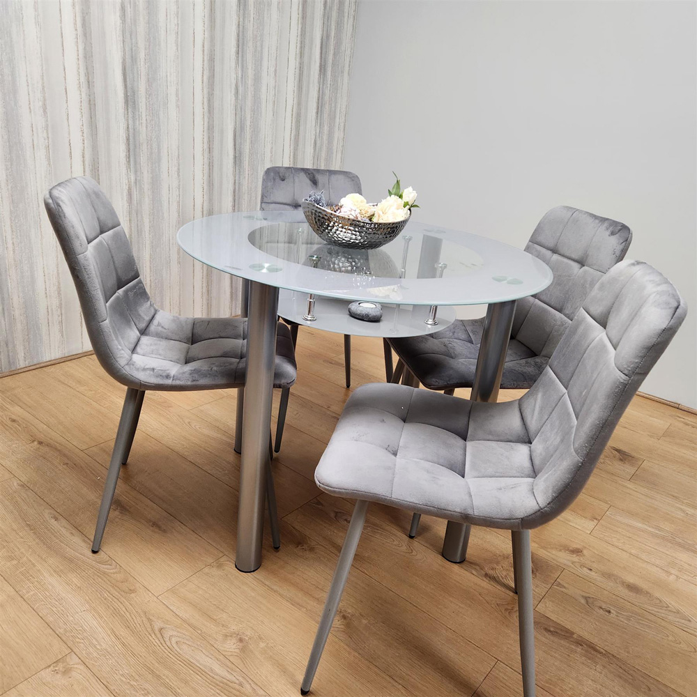 Portland Rocco 4 Seater Round Glass Velvet Dining Set Grey Image 4