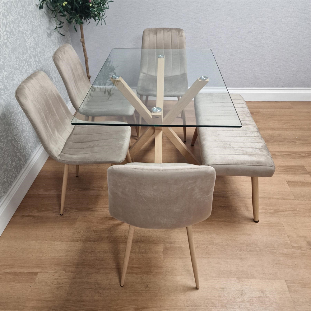 Kosy Koala 6 Seater Tempered Glass Velvet Dining Bench Set Beige Image 2
