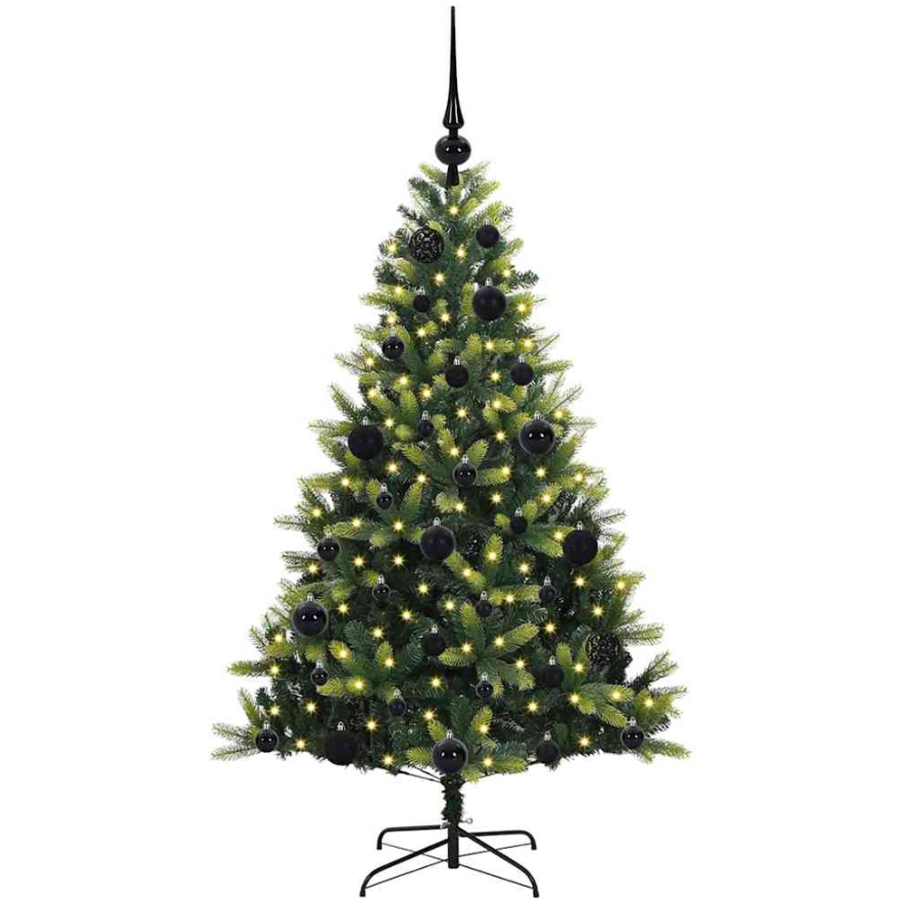 vidaXL Pre-Lit Black Baubles Green Artificial Hinged Christmas Tree 4ft Image 1