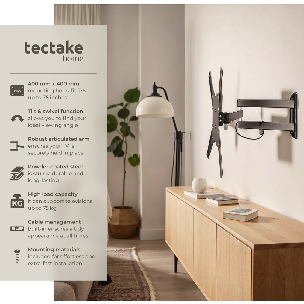 tectake Black 26 to 75 inch Extendable Tilt and Swivel TV Bracket Image 7