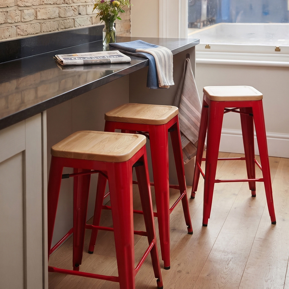 Premier Housewares Aldgate Red Metal and Wood Industrial-Style Bar Stool Image 3
