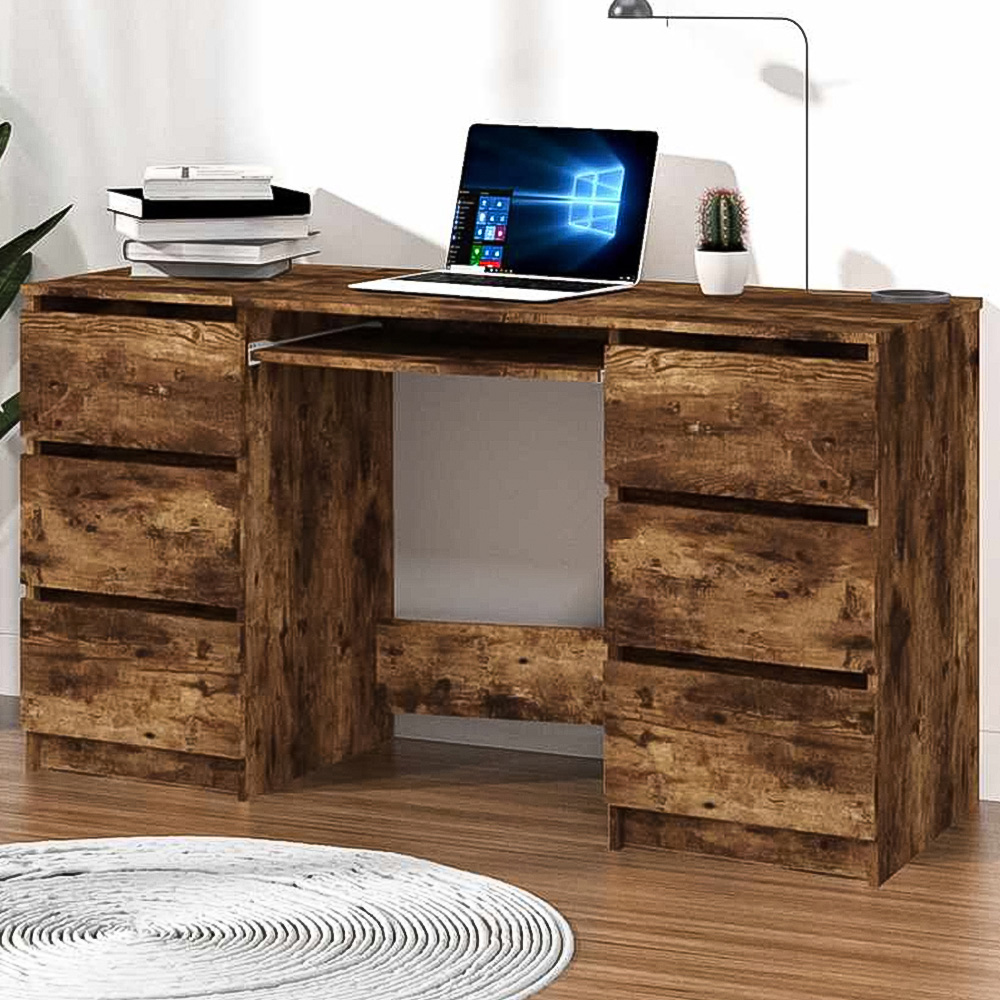 vidaXL 6 Drawer Writing Desk with Keyboard Tray Smoked Oak Image 1