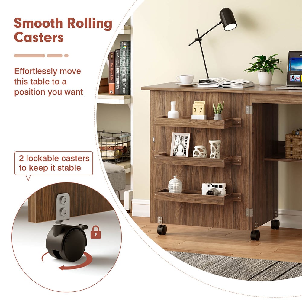 Costway Brown Folding Sewing Table with Storage Shelves Image 8