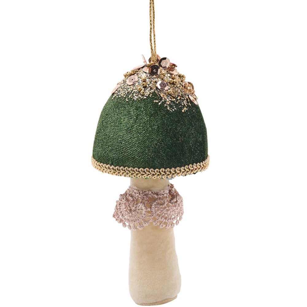 The Seasonal Gift Co Green Velvet Mushroom Christmas Hanging Decoration 13cm Image 1