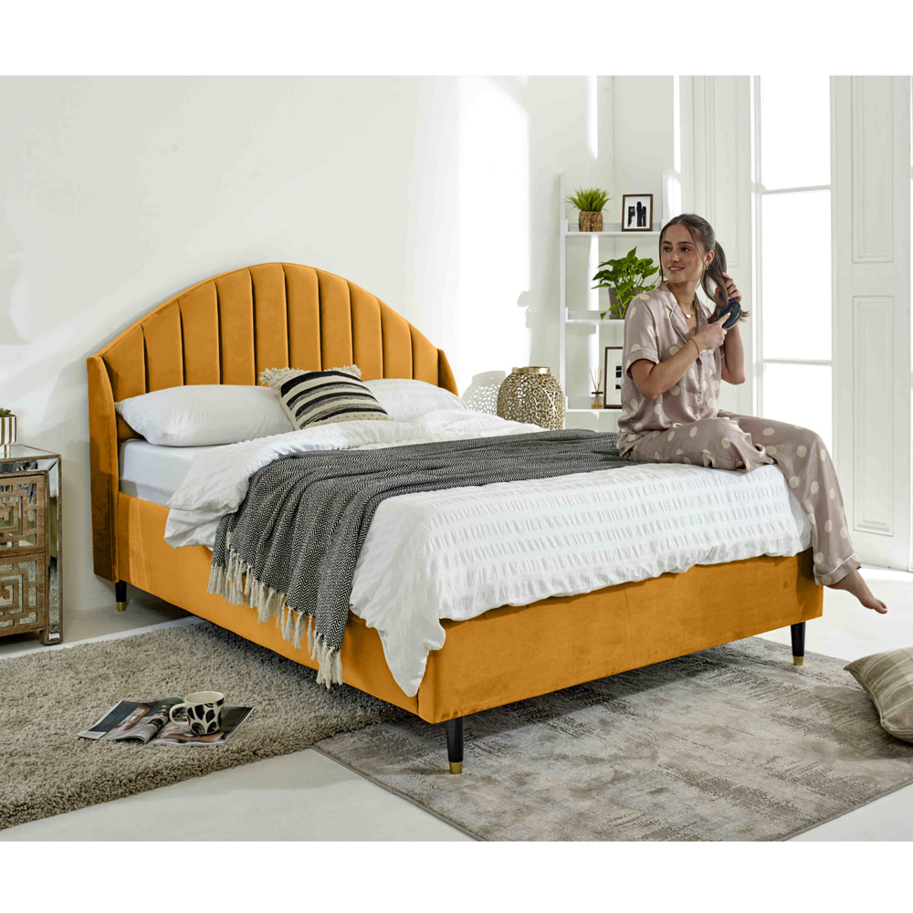 Eleganza Elysium King Size Mustard Plush Velvet Bed Frame with Curved Winged Headboard Image 5