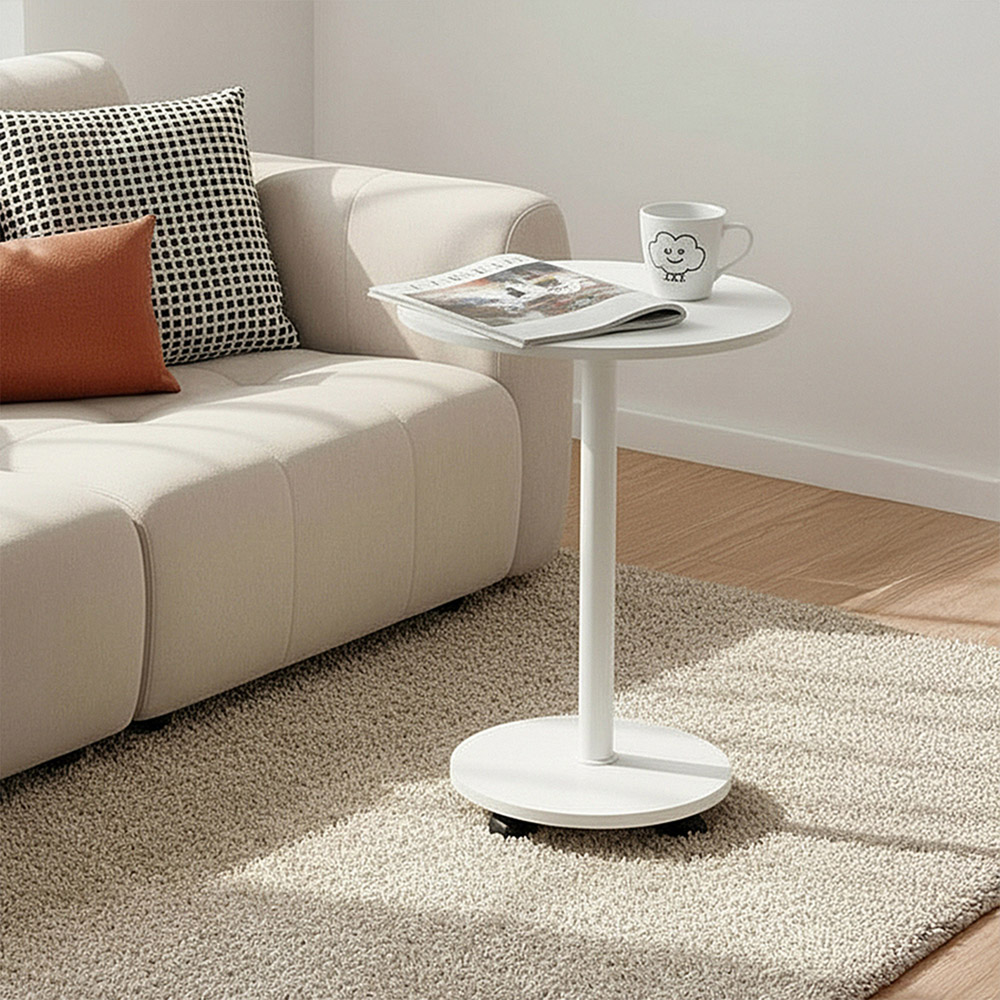 Living and Home White Round Side Table with Lockable Castors Image 7