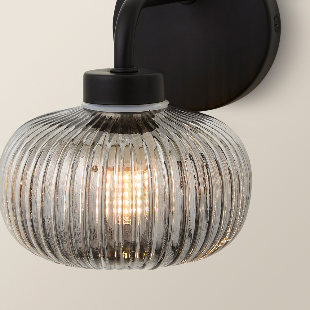 ValueLights Amaia Matt Black Smoked Ribbed Glass LED Wall Light Image 4